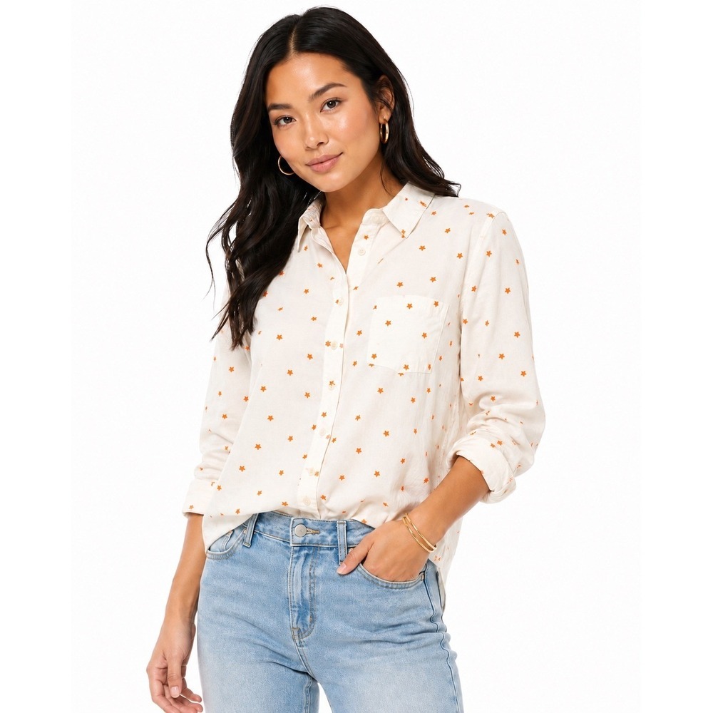 Merona White Orange Star Print Button Down Shirt Long Sleeve M Casual Chic 66-03
